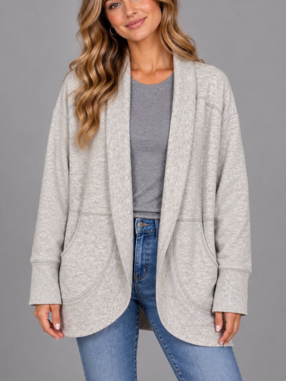 Eddie Bauer Camp Fleece Wrap Cardigan Gray Open Front Size L